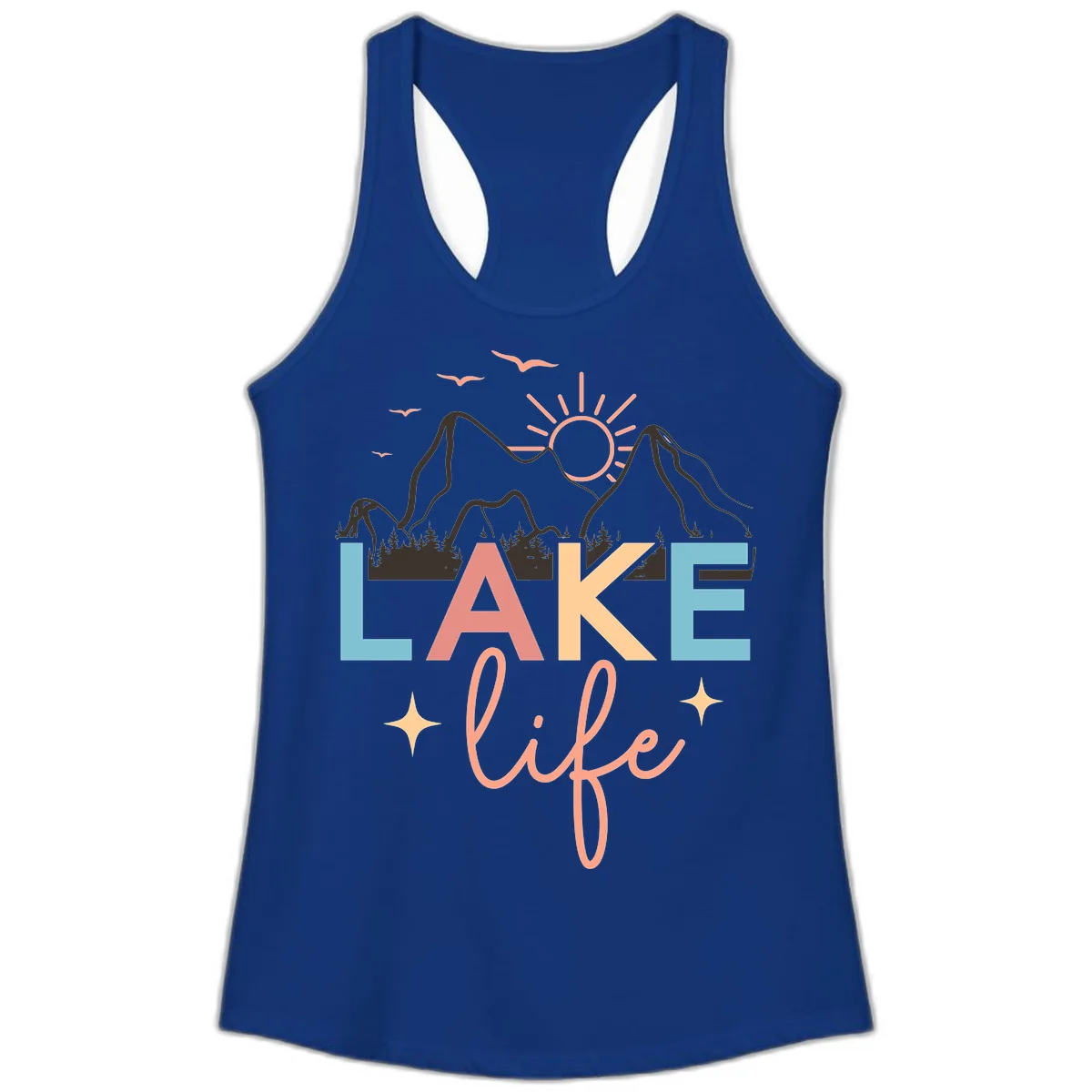 Mountain Lake Life Typography Ladies Tank in Solid Royal